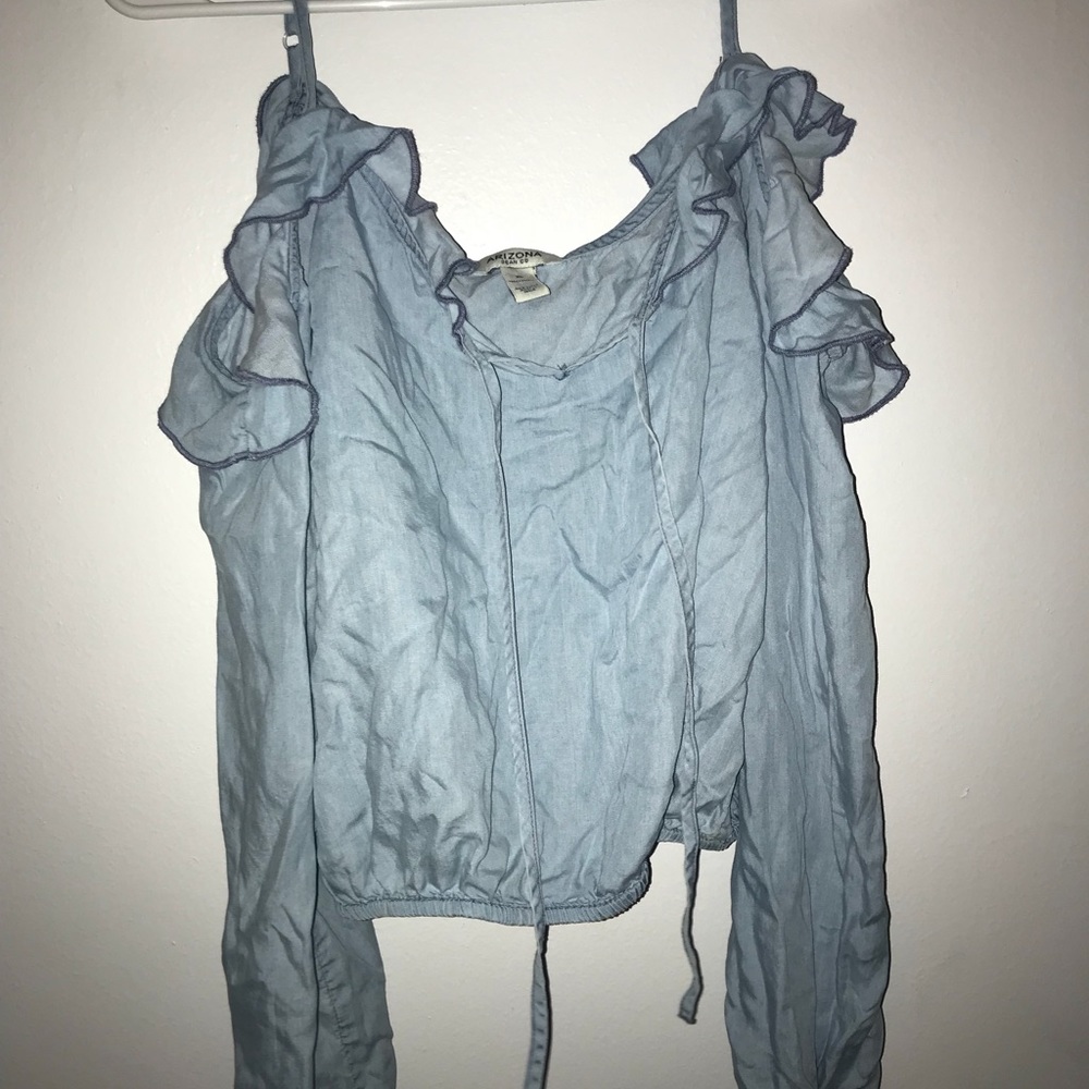 cold shoulder denim colored fabric long sleeve top